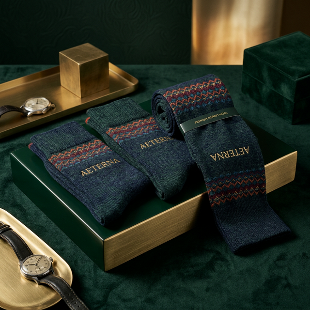 High-quality luxury socks on a deep green background with metallic gold accents.