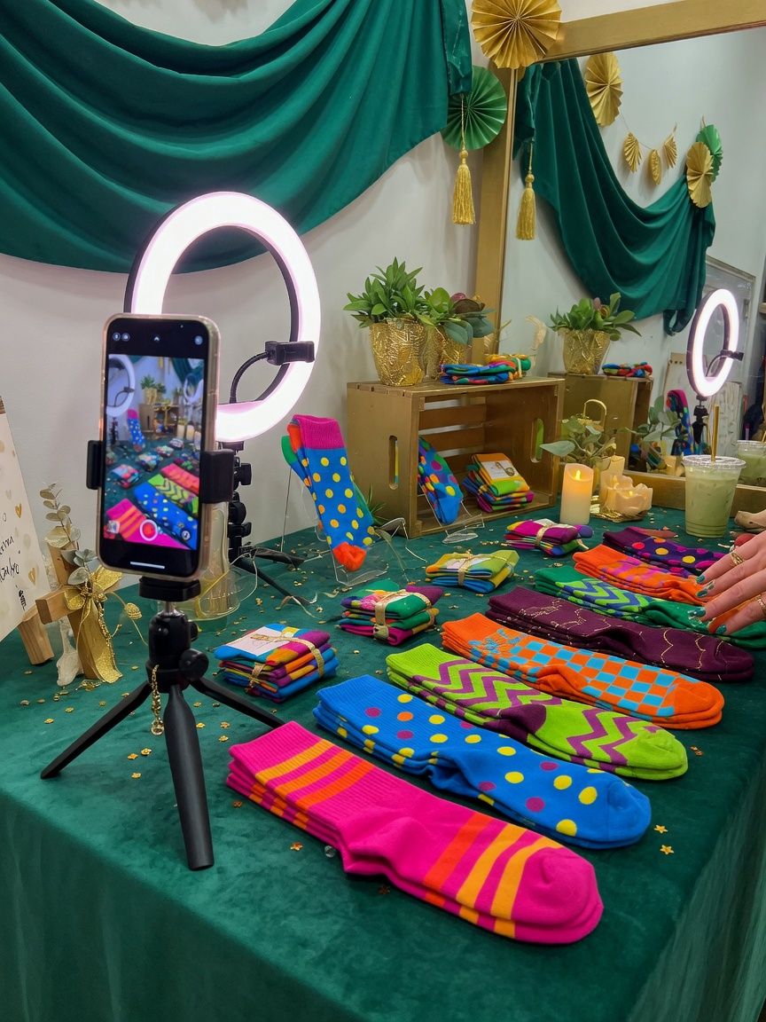 Blessed Steps live stream shopping setup with colorful socks on display