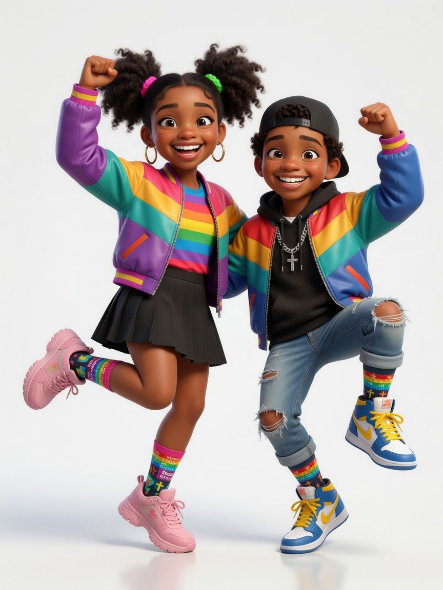 Nova and Legacy, Blessed Steps' sibling ambassadors, modeling colorful socks