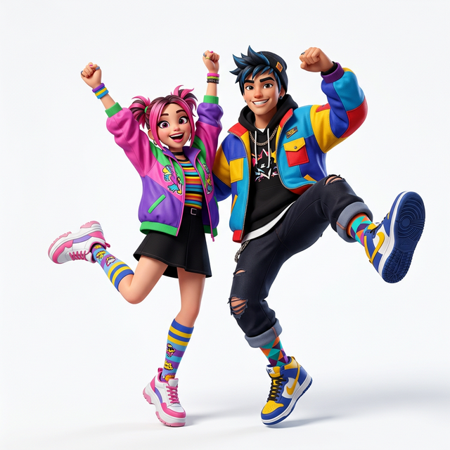 Nova and Legacy, the digital characters for Blessed Steps, showing off colorful socks in an energetic pose